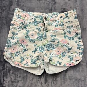 1st Kiss Floral Denim Shorts Womens 13 Cream Pink High Waisted Triple Button Fly